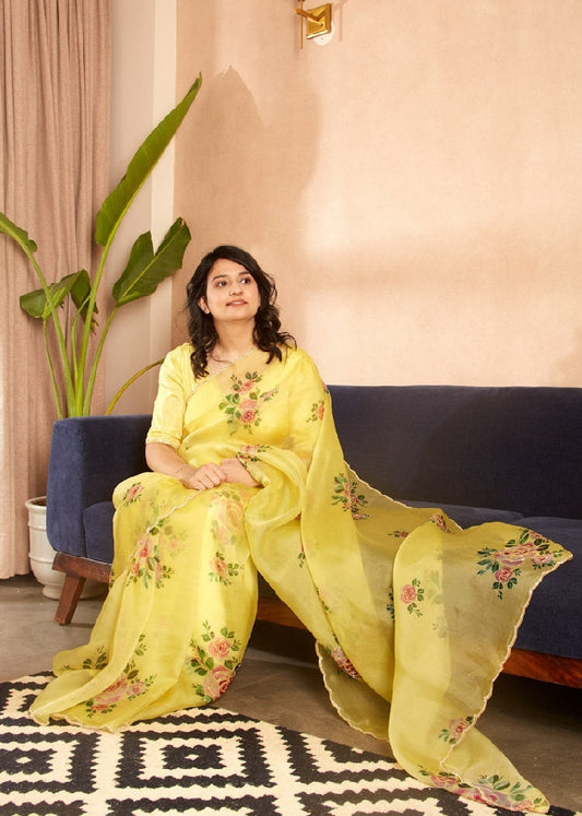 Luxury Sunshine Rose Organza Saree with Ready-to-Wear Stitched Designer Blouse
