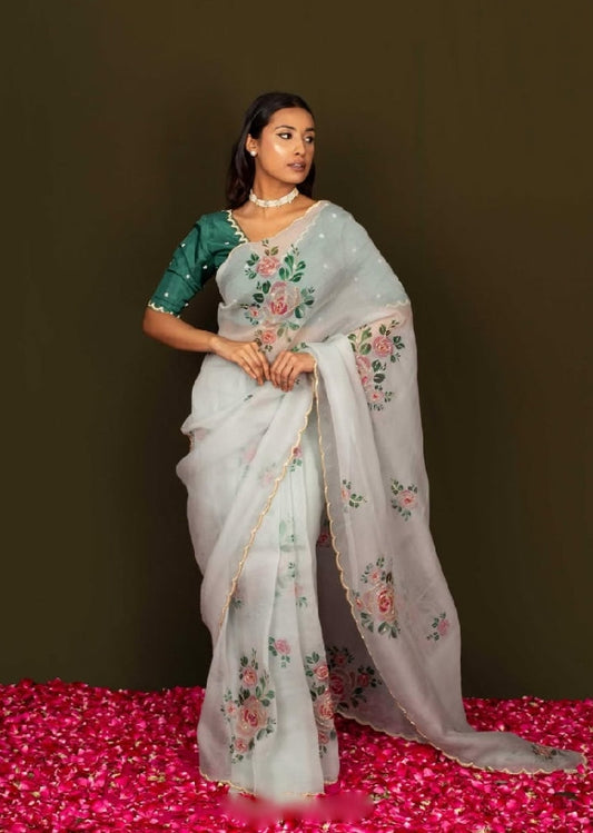 Luxury Mint Rose Organza Saree with Ready-to-Wear Stitched Designer Blouse