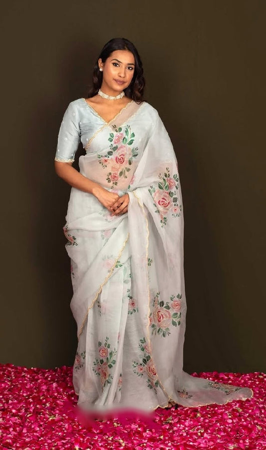 Luxury Powder Blue Rose Organza Saree with Ready-to-Wear Stitched Designer Blouse