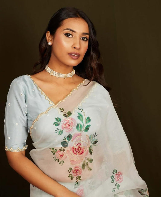 Luxury Powder Blue Rose Organza Saree with Ready-to-Wear Stitched Designer Blouse