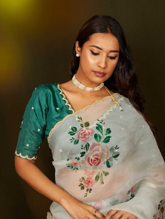Luxury Mint Rose Organza Saree with Ready-to-Wear Stitched Designer Blouse