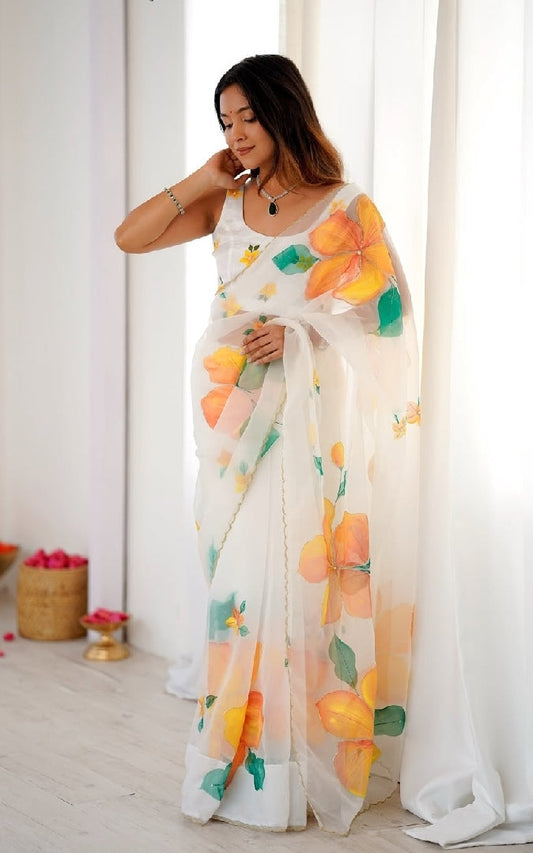 Luxury Ivory White Organza Saree with Hand-Painted Citrus Floral Art & Designer Stitched Blouse