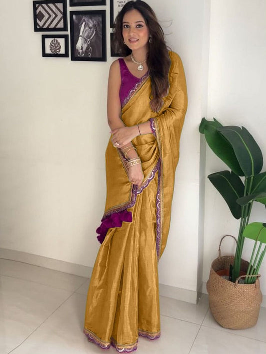 Royal Mustard Silk Saree with Contrast Magenta Embellished Border