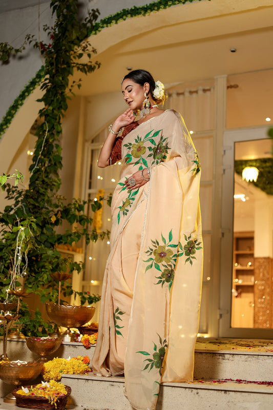 Ivory Bloom Hand-Painted Organza Ready-to-Wear Saree with Designer Blouse