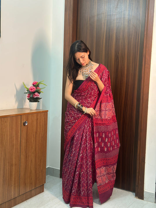 Royal Burgundy Ready-to-Wear Saree With Pocket
