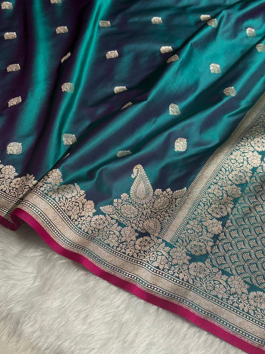 Peacock Teal Banarasi Silk Saree with Silver Zari Border & Contrast Magenta Accent