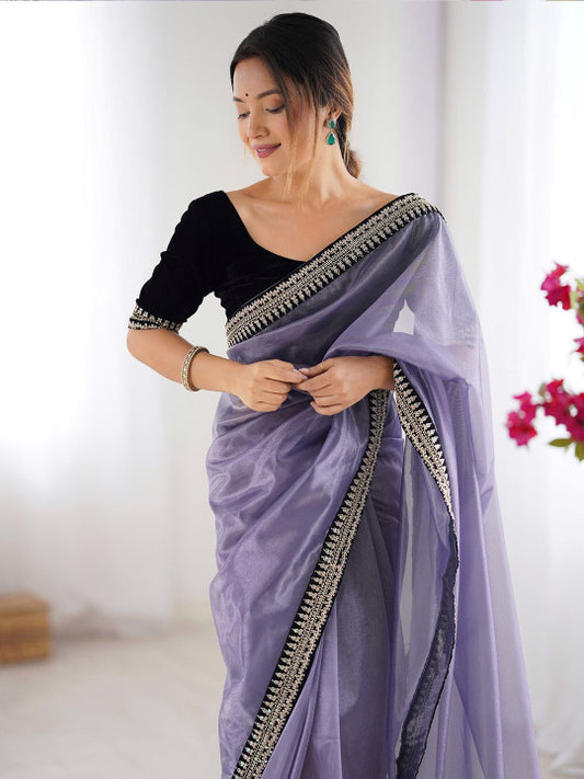 Lavender Mist Organza Saree with Designer Black Embellished Border
