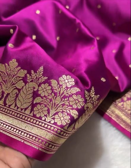 Rani Pink Banarasi Silk Saree with Gold Zari Butti & Floral Border | Elegant Festive & Wedding Wear