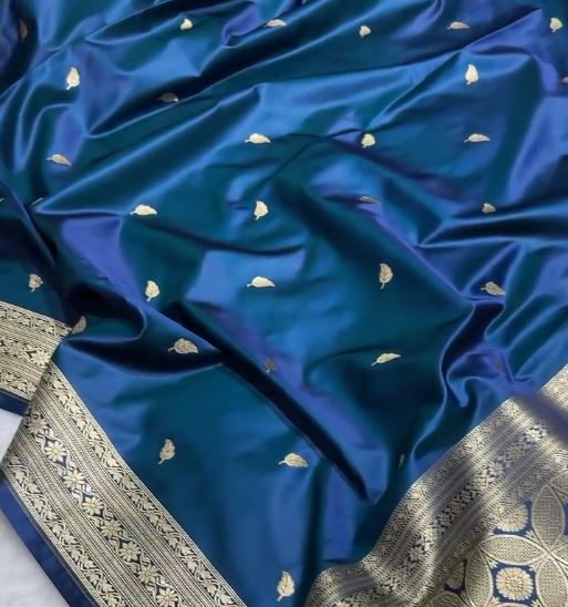 Steel Blue Banarasi Silk Saree with Gold Zari Leaf Buttas