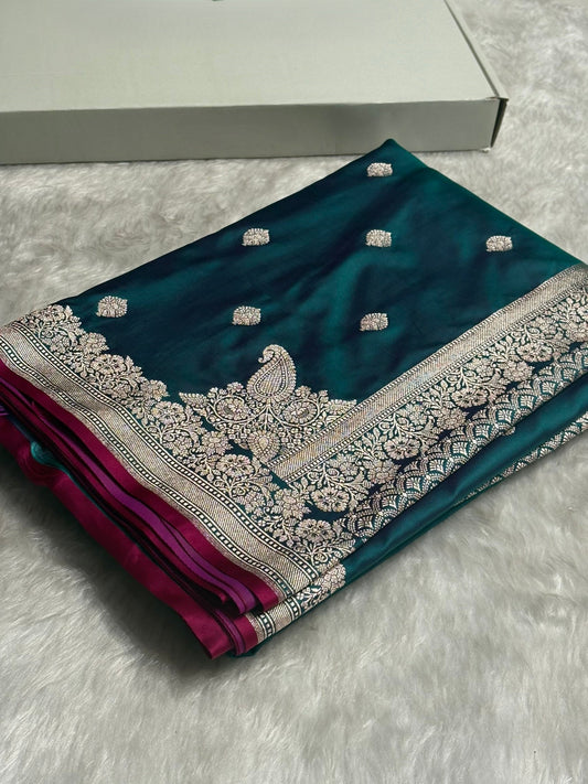 Peacock Teal Banarasi Silk Saree with Silver Zari Border & Contrast Magenta Accent