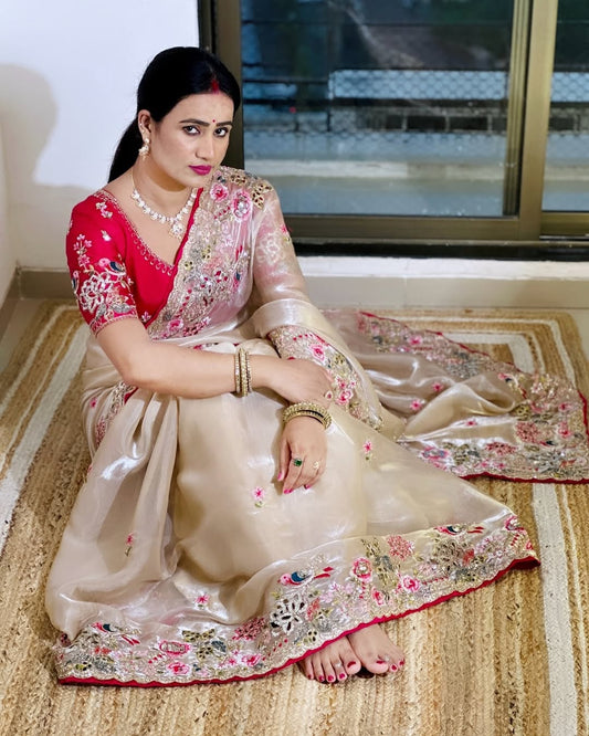 Luxury Ivory Organza Saree with Ruby Red Hand-Embroidered Designer Blouse