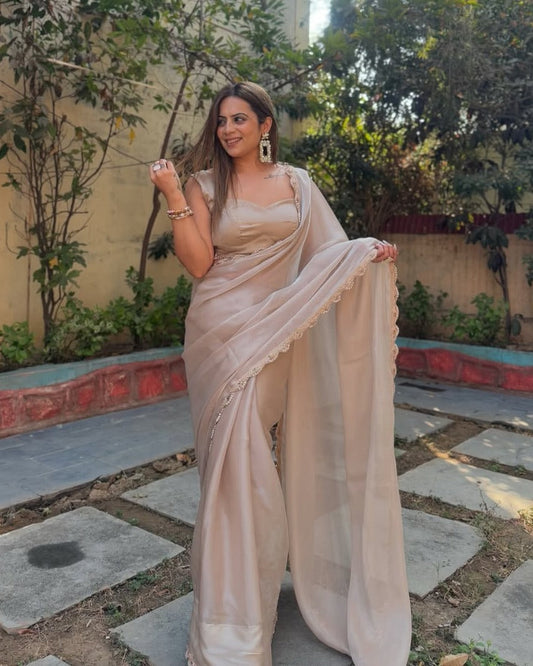 Champagne Pearl Ready-to-Wear Saree with Stitched Designer Blouse