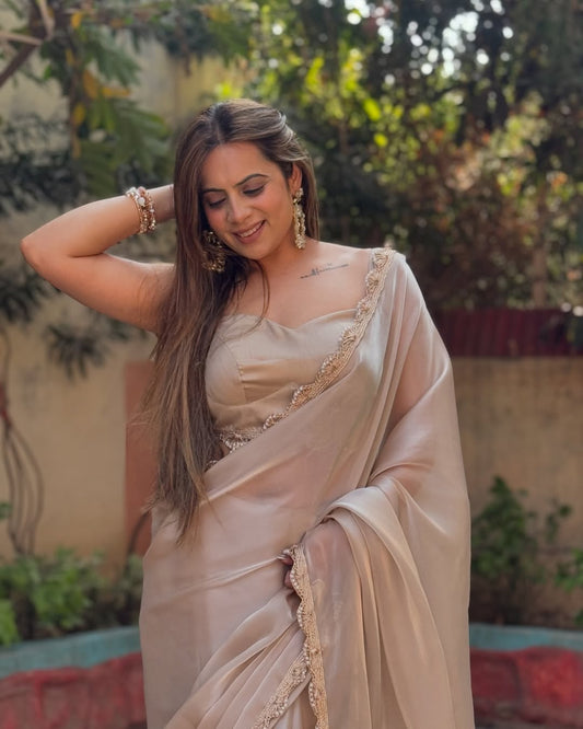 Champagne Pearl Ready-to-Wear Saree with Stitched Designer Blouse