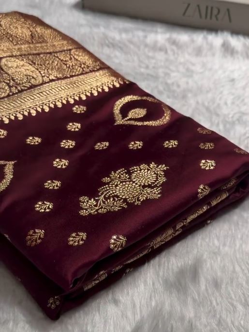 Wine Maroon Banarasi Silk Saree with Gold Zari Butti & Rich Designer Border | Royal Wedding Wear