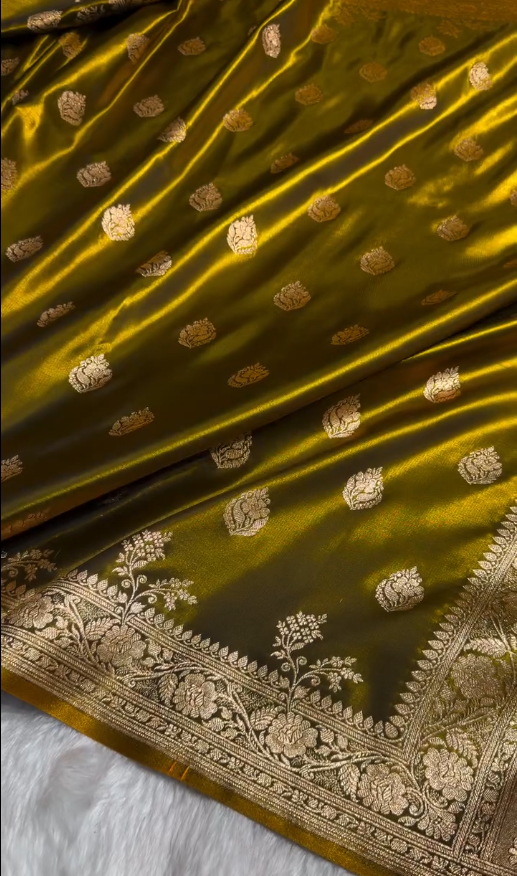 Olive Green Banarasi Silk Saree with Gold Zari Butta and Floral Border