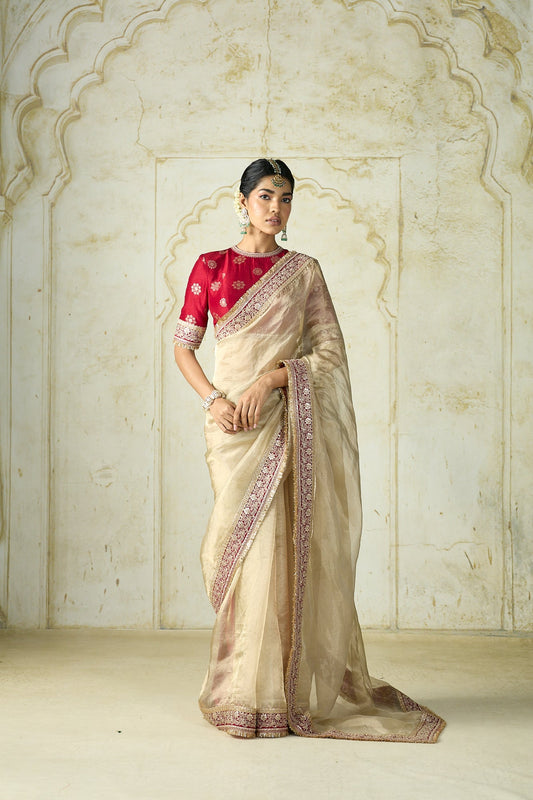 Luxury Champagne Gold Organza Saree with Scarlet Red Designer Blouse