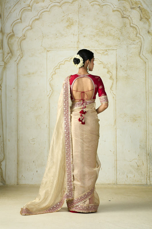 Luxury Champagne Gold Organza Saree with Scarlet Red Designer Blouse