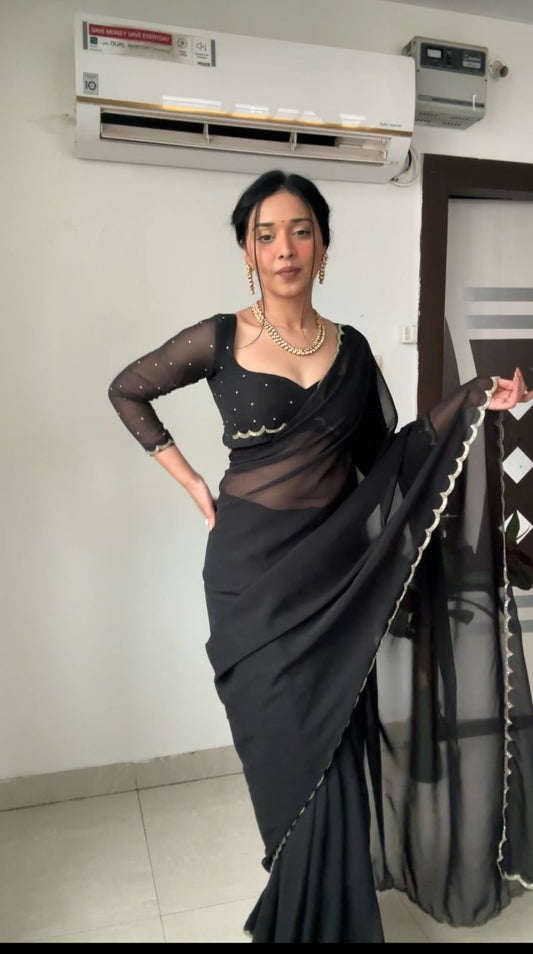 Midnight Black Ready-to-Wear Saree with Stitched Designer Blouse