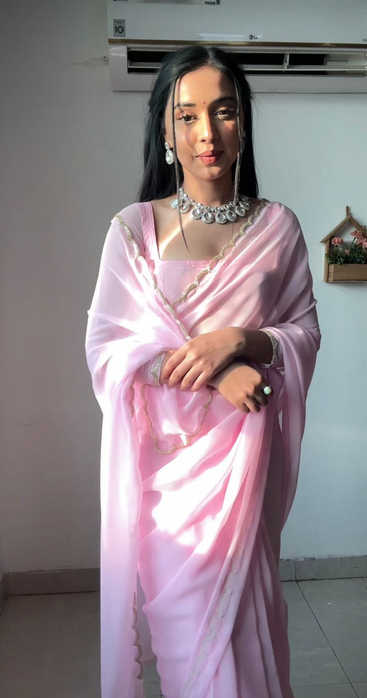Blush Pink Ready-to-Wear Saree with Stitched Designer Blouse