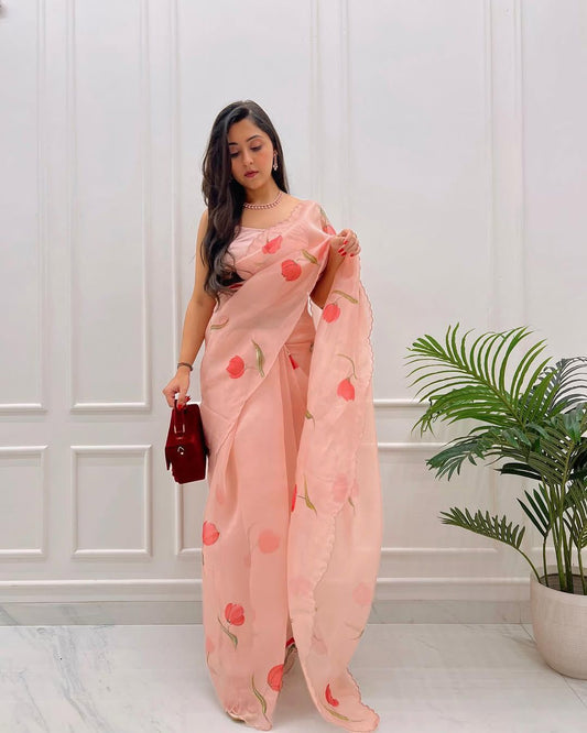 Peach Tulip Dream Organza Ready-to-Wear Saree with Unstitched Blouse