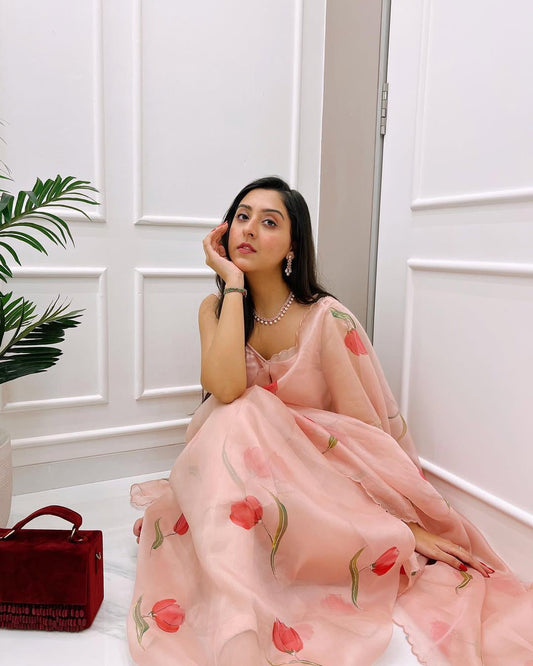 Peach Tulip Dream Organza Ready-to-Wear Saree with Unstitched Blouse