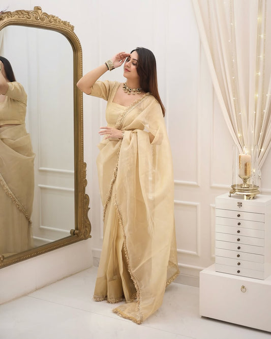Golden Aura Organza Ready-to-Wear Saree with Unstitched Blouse