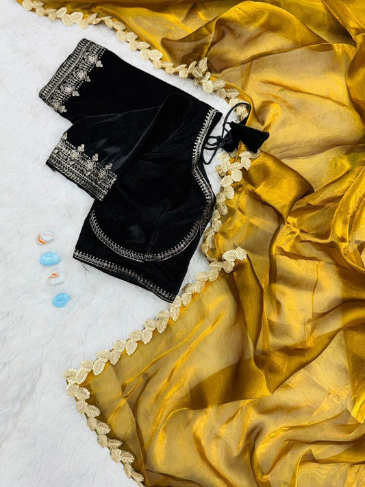 Luxe Mustard Organza Silk Saree with Designer Black Embroidered Blouse