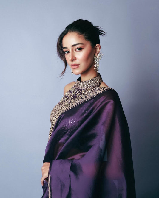 Midnight Plum Designer Silk Saree with Hand-Embellished Border