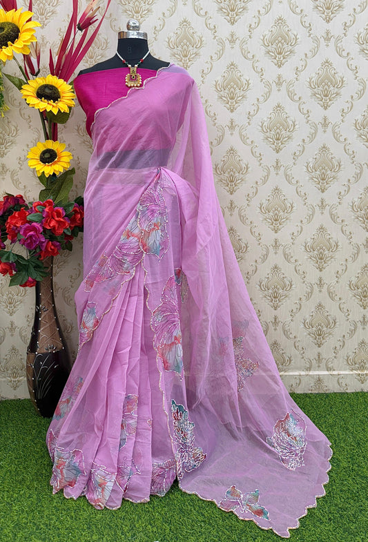 Butterfly Blossom Pink Organza Saree with Unstitched Blouse