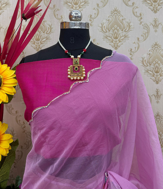 Butterfly Blossom Pink Organza Saree with Unstitched Blouse