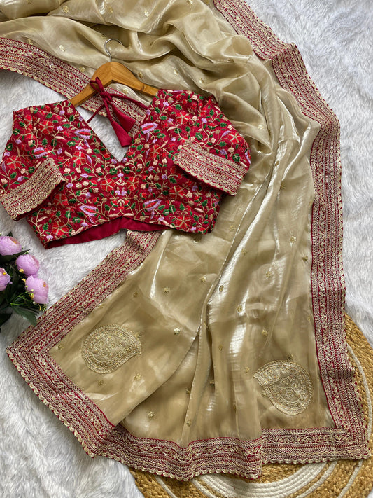 Ivory Gold Designer Saree with Heavy Embroidered Red Blouse