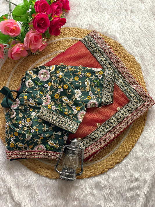 Rustic Terracotta Designer Saree with Floral Embroidered Emerald Blouse