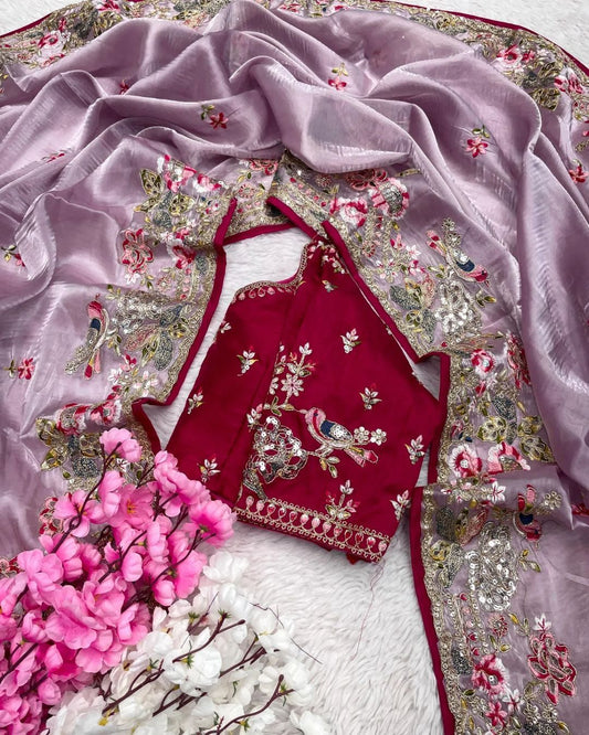 Luxury Blush Pink Organza Saree with Handcrafted Floral & Bird Embroidery