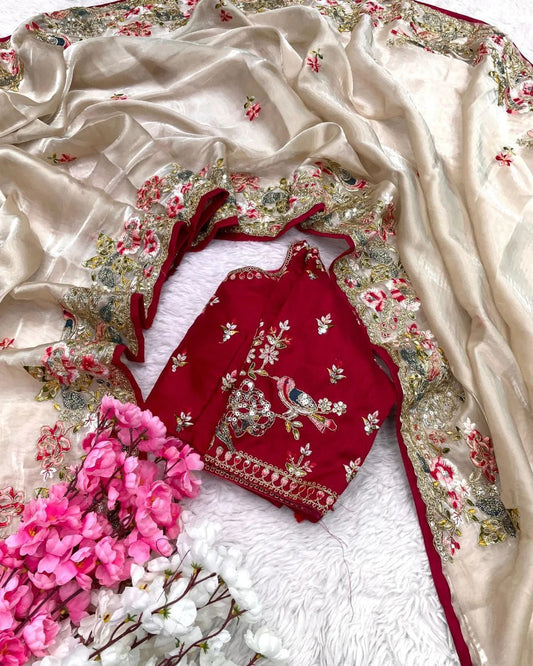 Luxury Ivory Organza Saree with Ruby Red Hand-Embroidered Designer Blouse