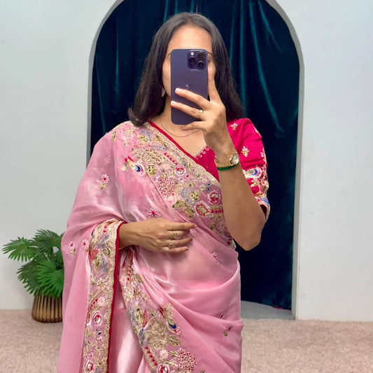 Luxury Blush Pink Organza Saree with Handcrafted Floral & Bird Embroidery