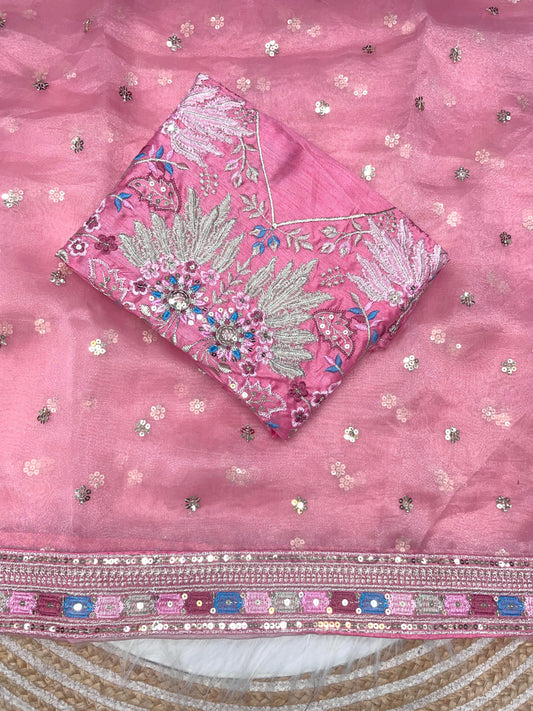 Luxury Blush Pink Organza Saree with Floral Embroidered Designer Blouse