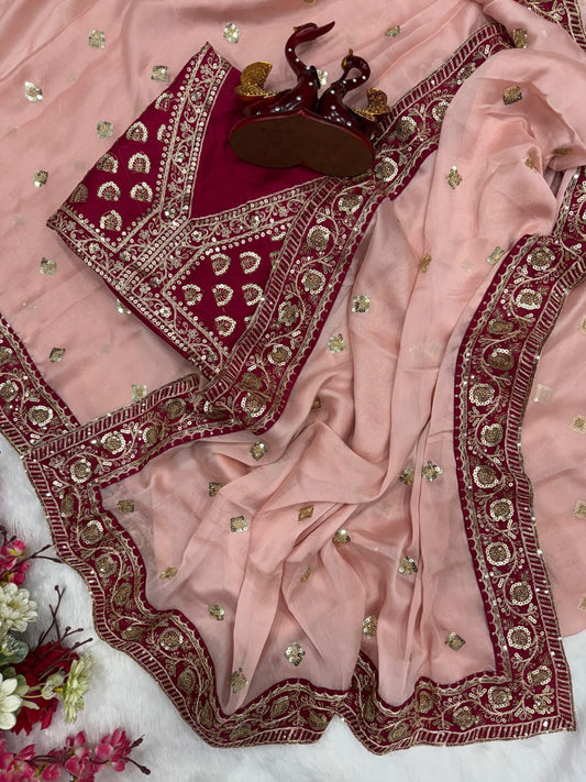 Luxury Blush Pink Georgette Saree with Royal Maroon Embroidered Border