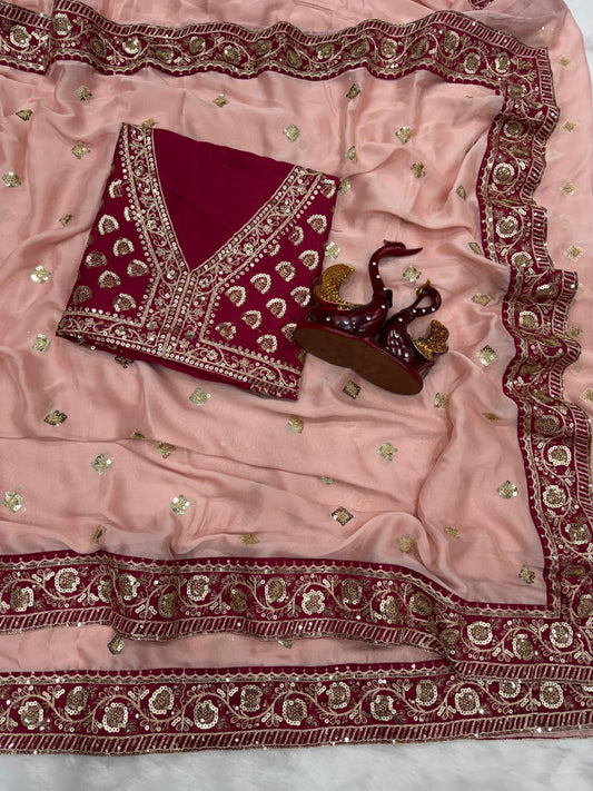 Luxury Blush Pink Georgette Saree with Royal Maroon Embroidered Border