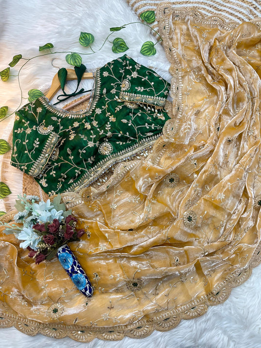 Emerald Green Velvet Blouse & Golden Beige Organza Saree