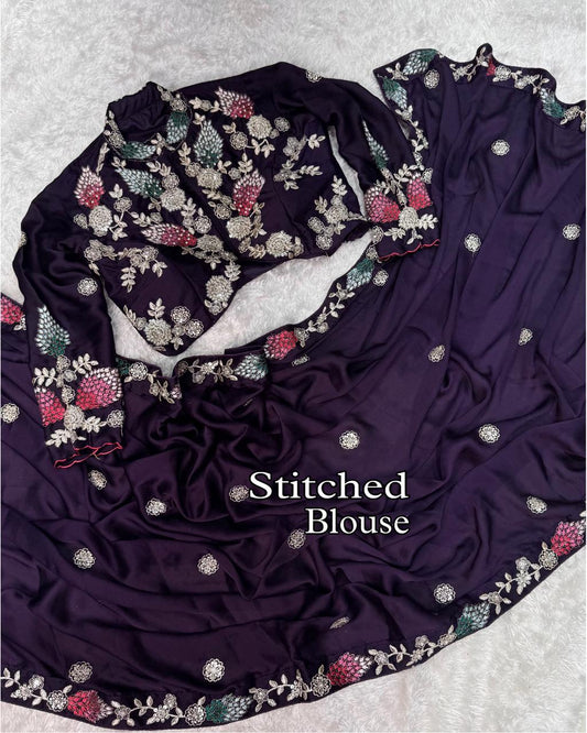 Royal Plum Organza Saree with Multicolor Floral Embroidered Blouse