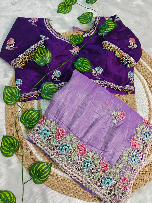 Luxury Lavender Organza Saree with Multicolor Floral Embroidered Designer Blouse