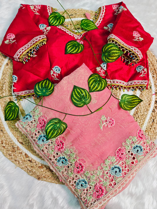 Luxury Blush Pink Organza Saree with Multicolor Floral Embroidered Designer Blouse