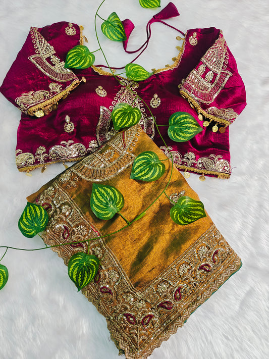 Luxury Antique Gold Designer Silk Saree with Magenta Royal Embroidered Blouse