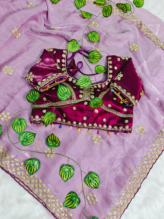 Luxury Lavender Organza Saree with Magenta Designer Blouse & Floral Zari Embroidery