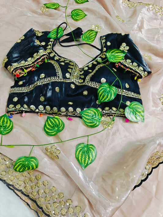 Luxury Champagne Beige Organza Saree with Midnight Black Designer Blouse & Sequin Embroidery