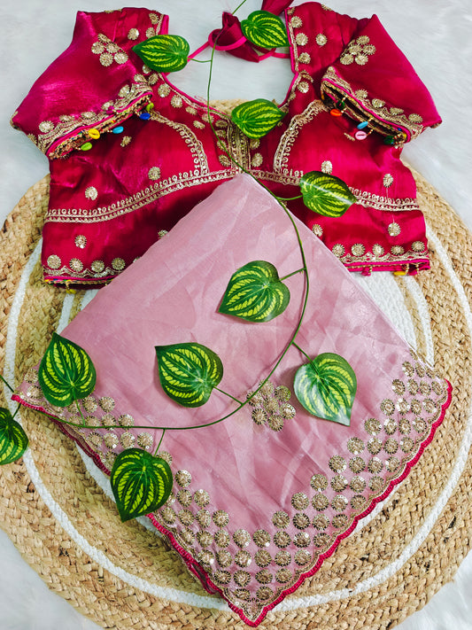 Luxury Blush Pink Organza Saree with Hot Pink Designer Blouse & Floral Zari Embroidery