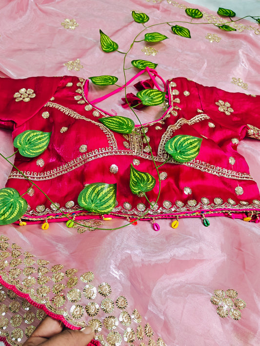 Luxury Blush Pink Organza Saree with Hot Pink Designer Blouse & Floral Zari Embroidery