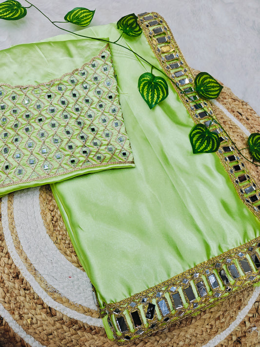 Luxury Lime Green Satin Silk Saree with Mirror Embroidered Designer Blouse