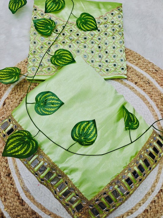 Luxury Lime Green Satin Silk Saree with Mirror Embroidered Designer Blouse