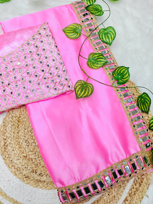 Luxury Candy Pink Satin Silk Saree with Heavy Mirror Work Designer Blouse